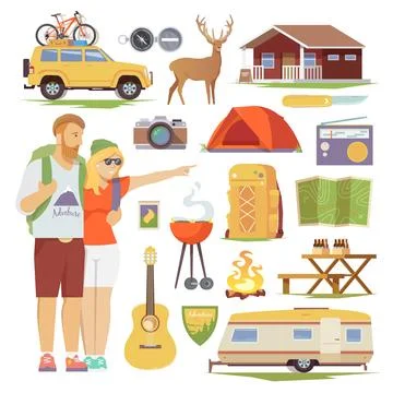 Camping icons vector flat set Stock Illustration