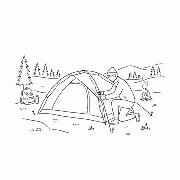 Camping illustration, man setting up tent outdoors Silhouette Stock Illustration