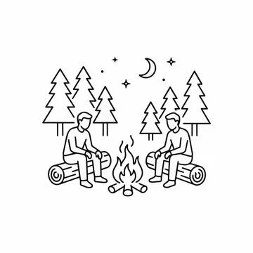 Camping illustration, two men sitting by campfire at night in forest Silhouet Ilustración de archivo