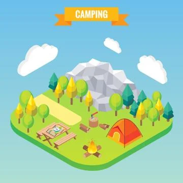 Camping isometric concept. Vector illustration in flat 3d style. Outdoor camp Stock Illustration