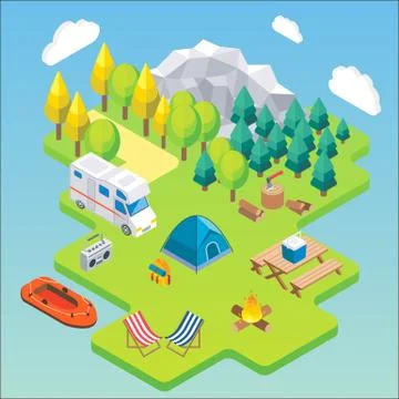 Camping isometric concept. Vector illustration in flat 3d style. Outdoor camp Stock Illustration