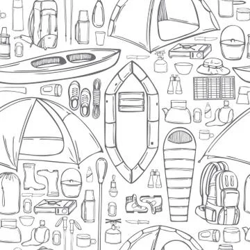 Camping items set. Traveler backpack with survivor items. Illustrazione stock