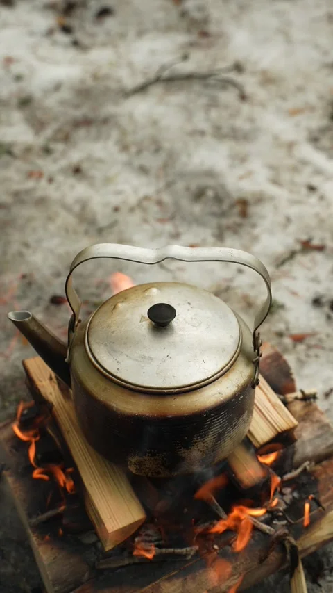 A camping kettle heating over a campfire. A trekking kettle warming up on a 스톡 동영상 307004564