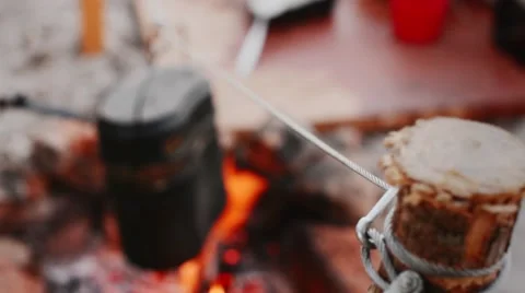 Camping Kettle Over Burning Campfire. Wild Island Beach. Stock Footage 64230954