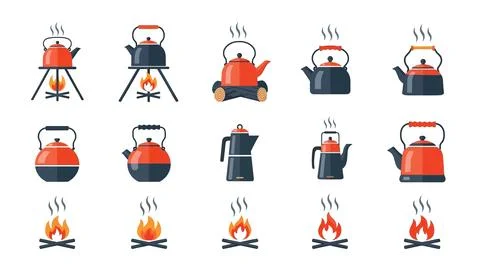 Camping kettles and campfires vector icons collection for outdoor cooking a.. Stock Illustration