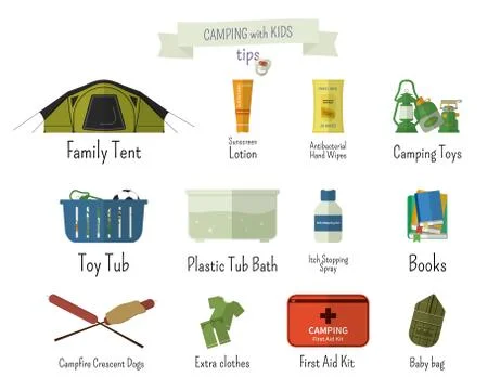 Camping with kids. Tips. Set of flat adventure traveling elements and symbols Illustrazione stock