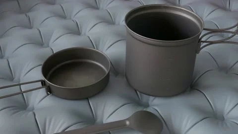 Camping kitchen set, close-up on a tourist mat Stock Footage 293273816