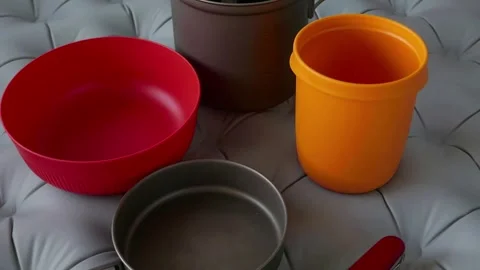 Camping kitchen set, close-up on a tourist mat Stock Footage 293273834