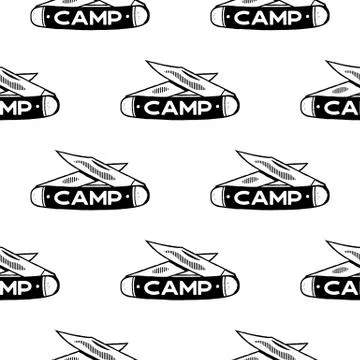 Camping Knife symbols seamless pattern. Silhouette distressed style. Outdoor Stock Illustration