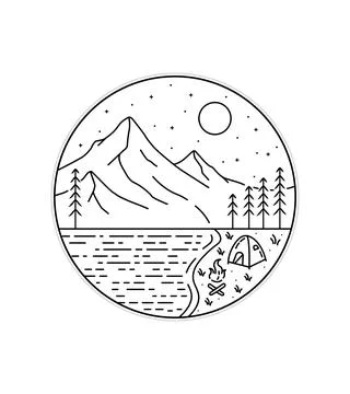 Camping by the lake against the backdrop of the mountains in mono line art Stock Illustration