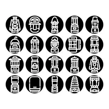 Camping lamp and lantern glyph icon set Stock Illustration