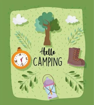 Camping lantern boot compass tree vacations activity adventure design Illustrazione stock