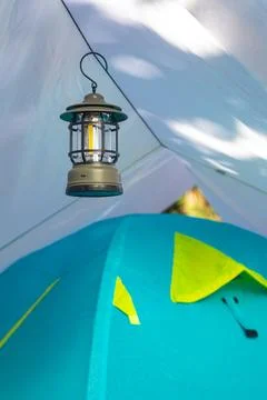 Camping Lantern Hanging Inside Tent 写真素材