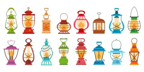 Camping lantern set. Vector of camping equipment. Illustrazione stock