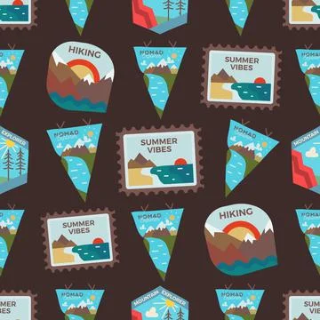 Camping life badges pattern. Camping Adventure seamless background with outdoor Stock Illustration