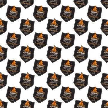 Camping life badges pattern. Camping Adventure seamless background with campfire 스톡 일러스트