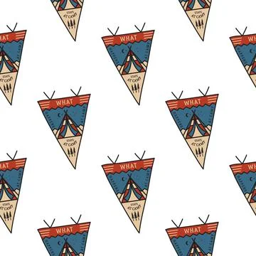 Camping life pennant pattern. Camping Adventure seamless background with tent Stock Illustration