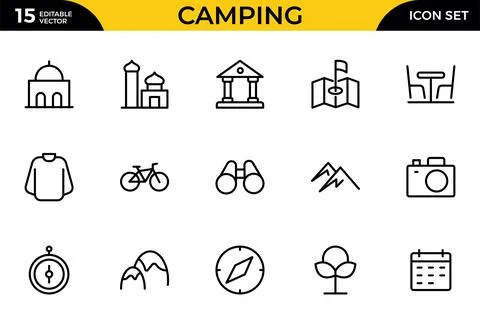 Camping line icon set. Pixel perfect. The set includes a Camping, Hiking, C.. Stock Illustration