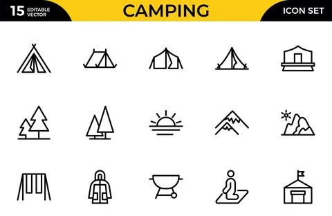 Camping line icon set. Pixel perfect. The set includes a Camping, Hiking, C.. Stock Illustration