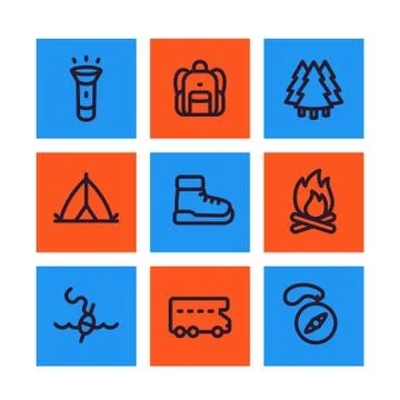 Camping line icons set, backpack, hike, tent, boots, forest, compass, fishing Stock Illustration