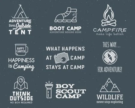 Camping logo design set with typography and travel elements - bonfire, mountain Illustrazione stock