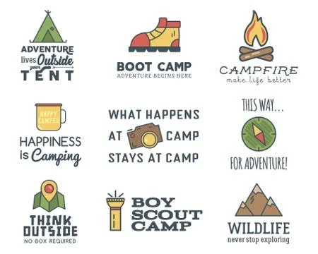 Camping logo design set with typography and travel elements - compass, mountain Illustrazione stock