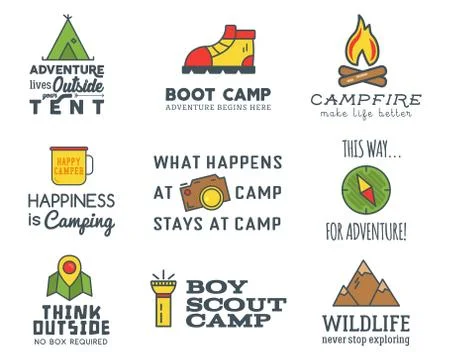 Camping logo design set with typography and travel elements - compass, mountain Illustrazione stock
