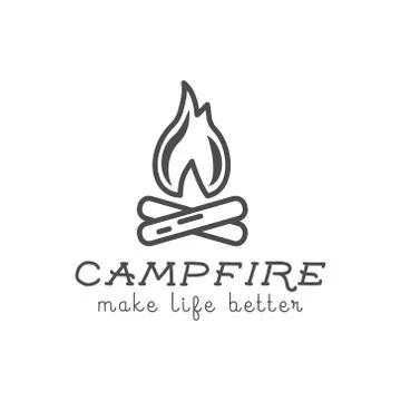 Camping logo design with typography and travel elements - campfire. Vector te Illustrazione stock