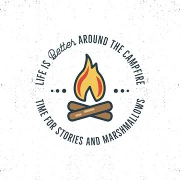 Camping logo design with typography and travel elements - bonfire. text - life Stock Illustration