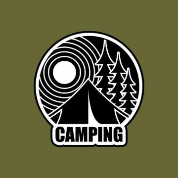 Camping logo. Emblem for accommodation camp. Landscape with tent and forest Stock Illustration