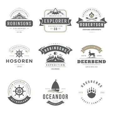 Camping logos design templates vector elements and silhouettes set Illustrazione stock