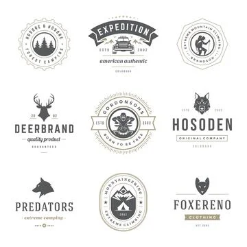 Camping logos design templates vector elements and silhouettes set Illustrazione stock