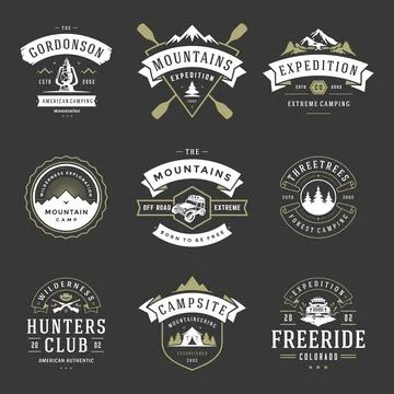 Camping logos design templates vector elements and silhouettes set 库存插图
