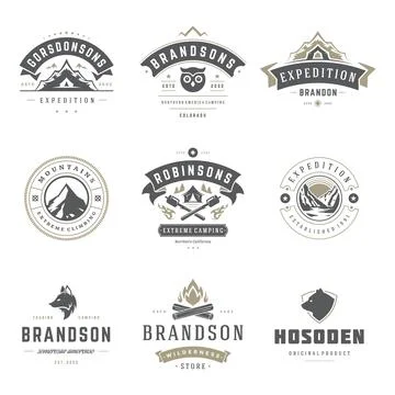 Camping logos design templates vector elements and silhouettes set Illustrazione stock