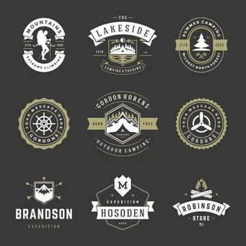 Camping logos design templates vector elements and silhouettes set Illustrazione stock