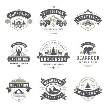 Camping logos templates vector design elements and silhouettes set Stock Illustration