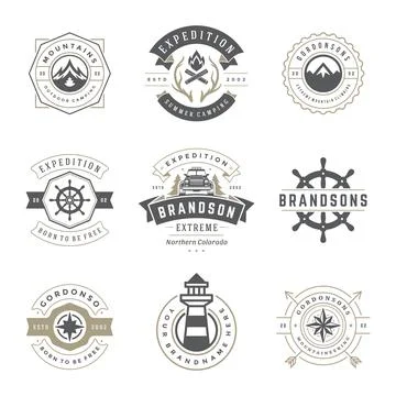 Camping logos templates vector design elements and silhouettes set Illustrazione stock