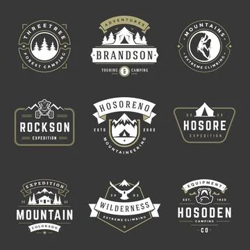 Camping logos templates vector design elements and silhouettes set Stock Illustration