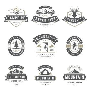 Camping logos templates vector design elements and silhouettes set Stock Illustration