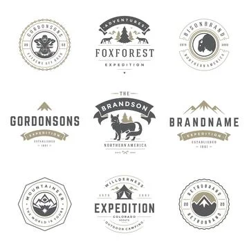 Camping logos templates vector design elements and silhouettes set Stock Illustration