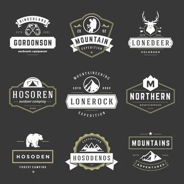 Camping logos templates vector design elements and silhouettes set Stock Illustration