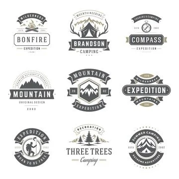 Camping logos templates vector design elements and silhouettes set Illustrazione stock