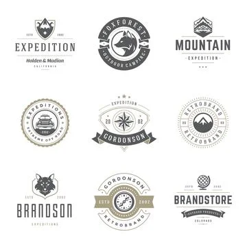 Camping logos templates vector design elements and silhouettes set Illustrazione stock