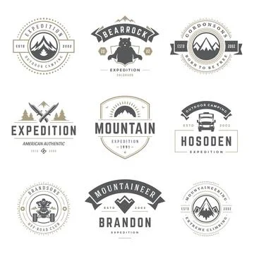 Camping logos templates vector design elements and silhouettes set Stock Illustration