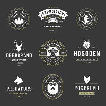 Camping logos templates vector design elements and silhouettes set Illustrazione stock