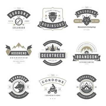 Camping logos templates vector design elements and silhouettes set Stock Illustration
