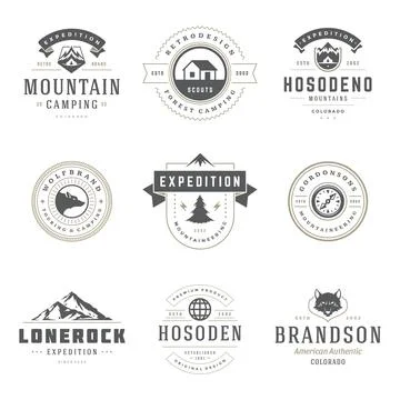 Camping logos templates vector design elements and silhouettes set イラスト素材