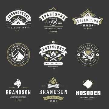 Camping logos templates vector design elements and silhouettes set Illustrazione stock