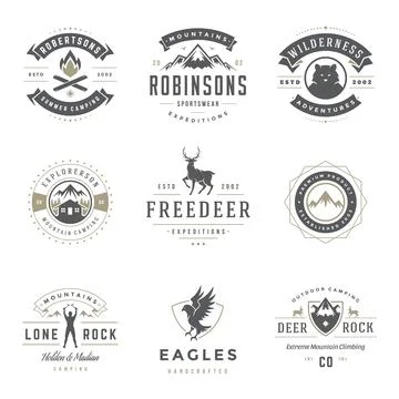 Camping logos templates vector design elements and silhouettes set Illustrazione stock