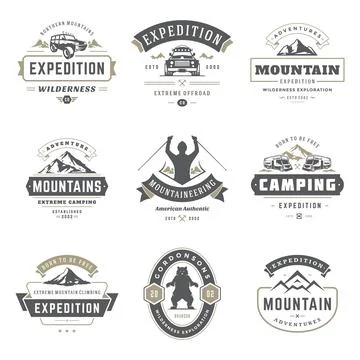 Camping logos templates vector design elements and silhouettes set Illustrazione stock